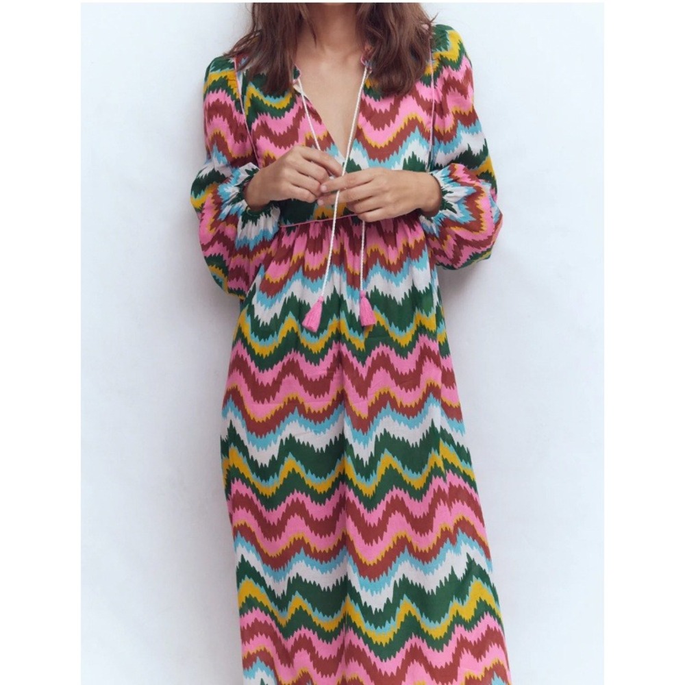 Boden Chevron Zigzag Maxi Dress Pink Green Yellow Tassel Tie US 8R NEW - Picture 3 of 13